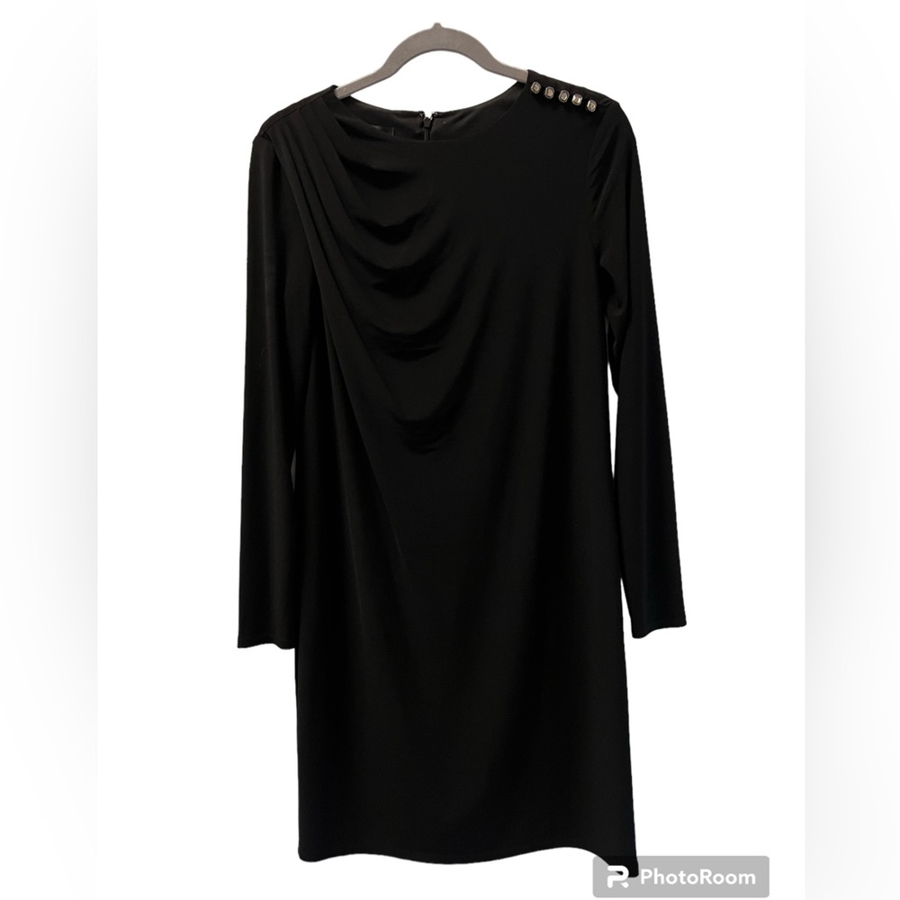 Holiday, black dress, Nine West, long sleeved, knee length, rhinestone detail.